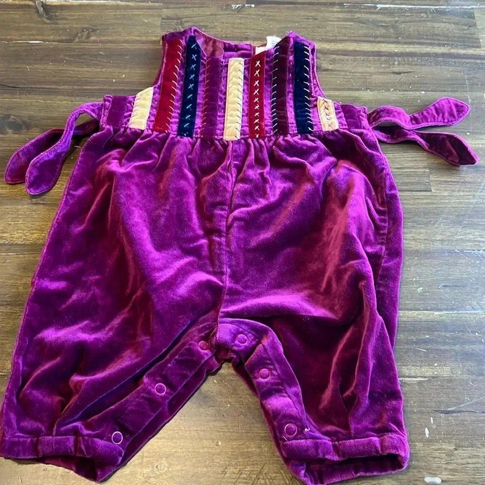 Vintage Baby Gap Velour Jumpsuit Romper Side Tie Boho Fall Holiday XS 0-3